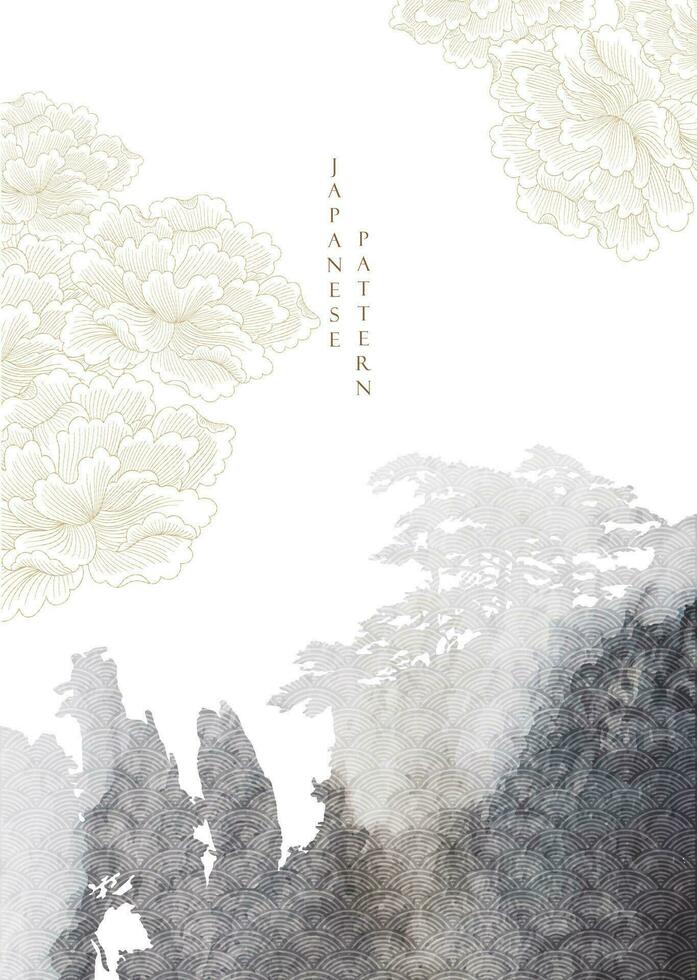 abstrait art paysage avec Japonais vague modèle vecteur. la nature art Contexte avec Montagne forêt gris aquarelle texture invitation carte modèle dans ancien style. chinois pivoine fleur élément. vecteur