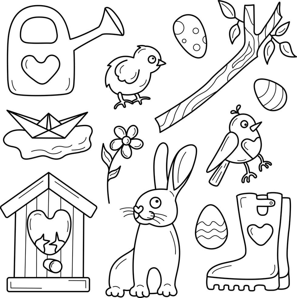 ensemble de vecteur isolé ligne des illustrations printemps, Pâques thème.