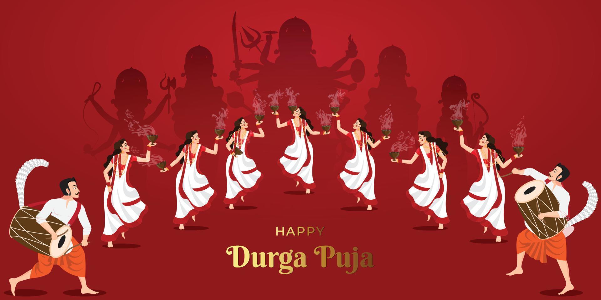 illustration de dames en joyeux durga puja et jouant du dhunuchi nach en rythmes de dhak signifiant danse avec le feu, subho bijoya vecteur