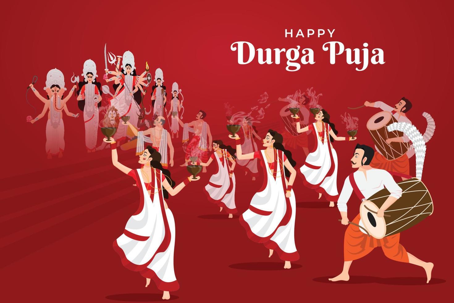 illustration de personnes célébrant la joyeuse durga puja, festival subh navratri avec danse dhunuchi sur musique dhak vecteur