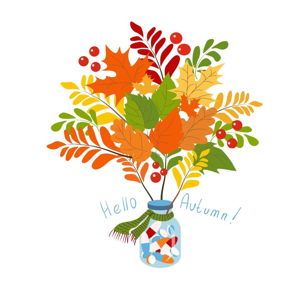 bonjour affiche d'automne avec des pilules et des feuilles colorées vecteur