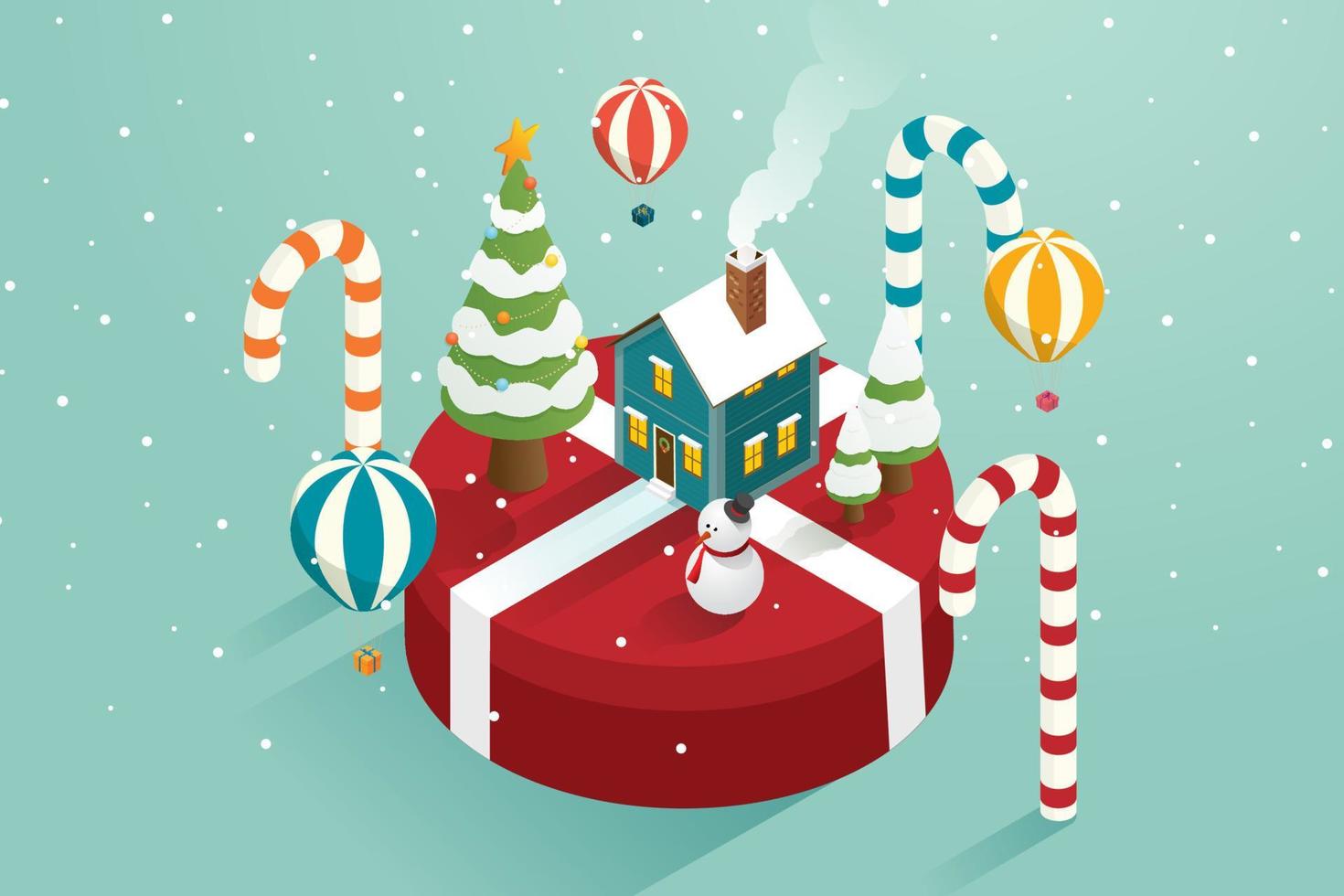 arbre de noël, bonhomme de neige, ballons à air volant cadeau et maison. vecteur