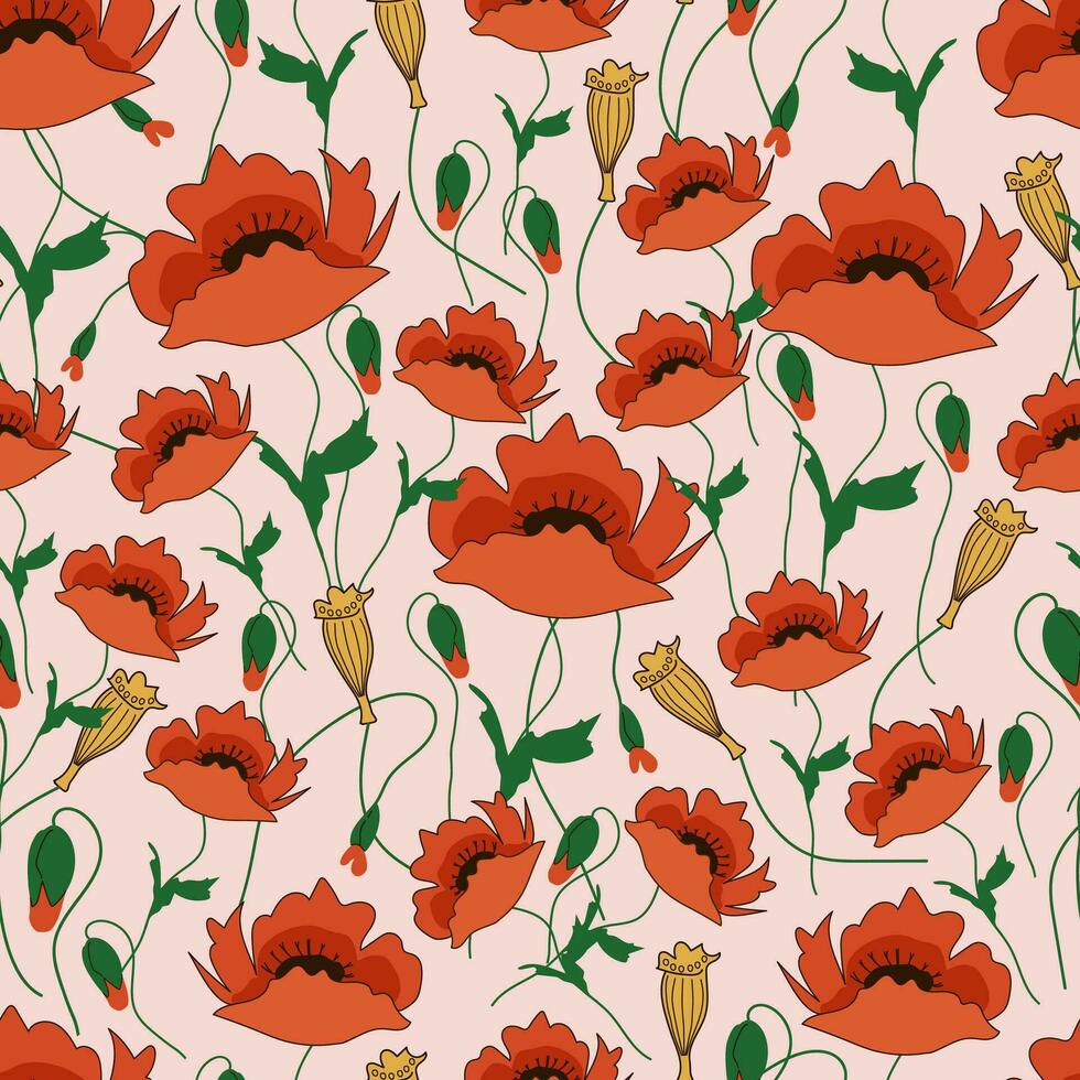 sans couture été floral modèle - lumière rose Contexte avec épanouissement Prairie fleurs coquelicots avec bourgeons pour emballage, en tissu et fond d'écran vecteur