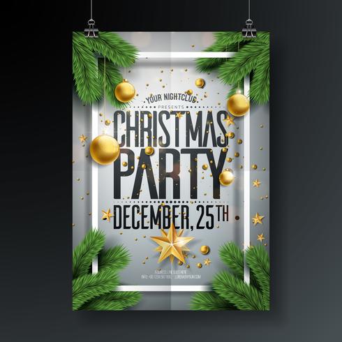 Vecteur joyeux Noël Party Design avec éléments de typographie de vacances et boules ornementales, étoile de papier découpé, branche de pin sur fond propre Illustration de flyer de célébration. EPS 10.