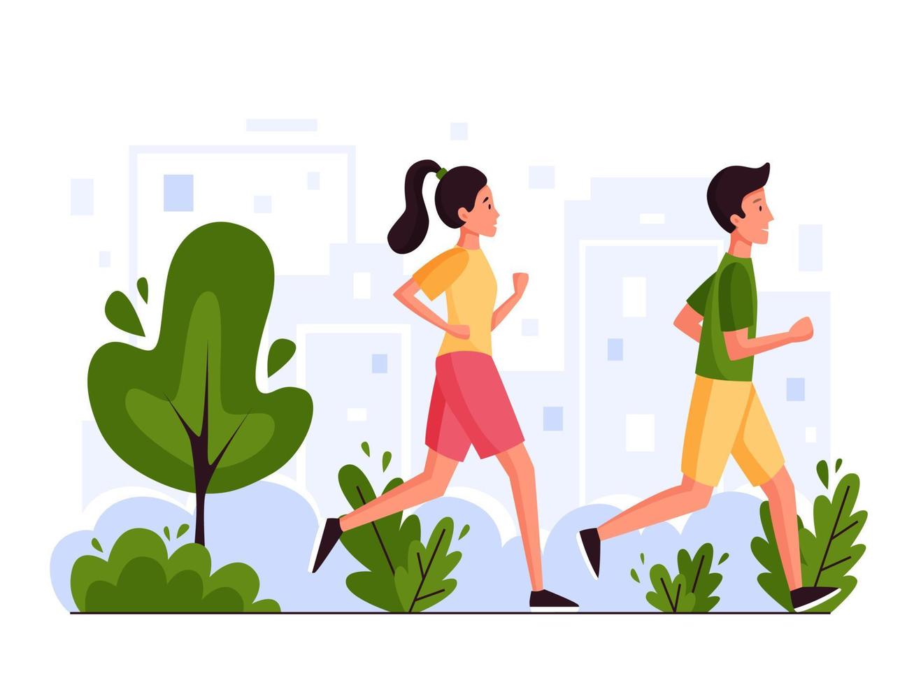 coureurs de couple en plein air. homme et femme courant dans le parc. illustration pour marathon, course en ville, entraînement, exercice cardio. illustration vectorielle plane. vecteur