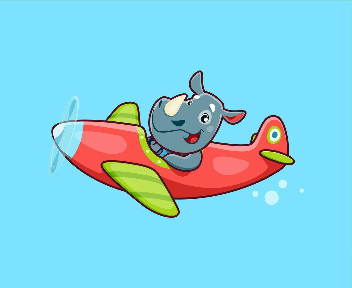 dessin animé mignonne rhinocéros animal personnage sur avion vecteur