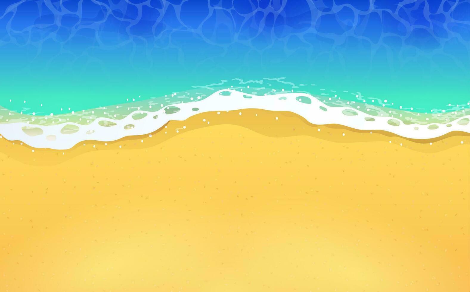 Haut vue de calme océan plage avec bleu vagues. côte de mer, océan avec sable. mer le surf, Haut voir, Contexte pour une été salutation carte ou promotionnel des offres. vecteur illustration dans plat style