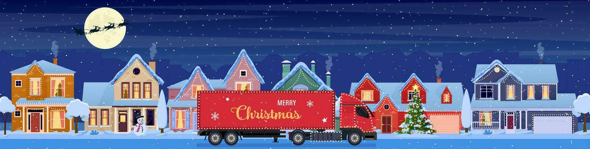 Résidentiel Maisons avec Noël décoration à nuit. rouge livraison un camion sur Contexte avec dessin animé hiver paysage. rue et vacances guirlandes, Noël arbre, bonhomme de neige. vecteur illustration