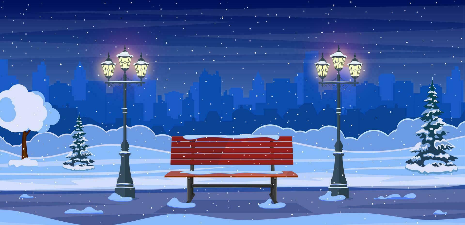 dessin animé hiver ville parc avec en bois banc, lanternes et ville bâtiments ligne d'horizon. Urbain vide Publique jardin paysage, neige tomber en dessous de terne ciel. vecteur illustration dans plat style