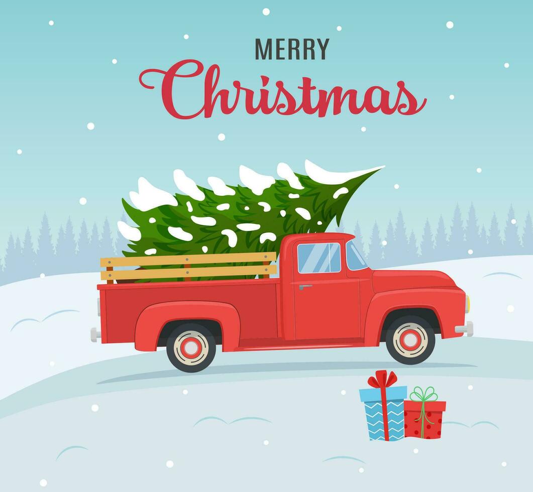 dessin animé Noël et Nouveau année salutation carte.noël carte ou affiche conception avec rétro rouge ramasser un camion avec Noël arbre sur planche. vecteur illustration dans plat style