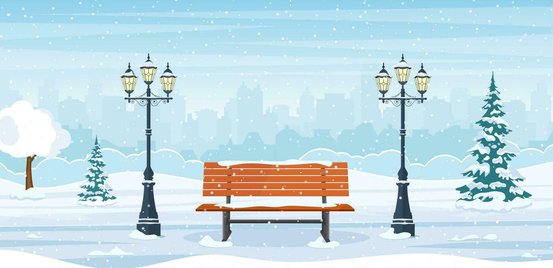 dessin animé hiver ville parc avec en bois banc, lanternes et ville bâtiments ligne d'horizon. Urbain vide Publique jardin paysage, neige tomber en dessous de terne ciel. vecteur illustration dans plat style