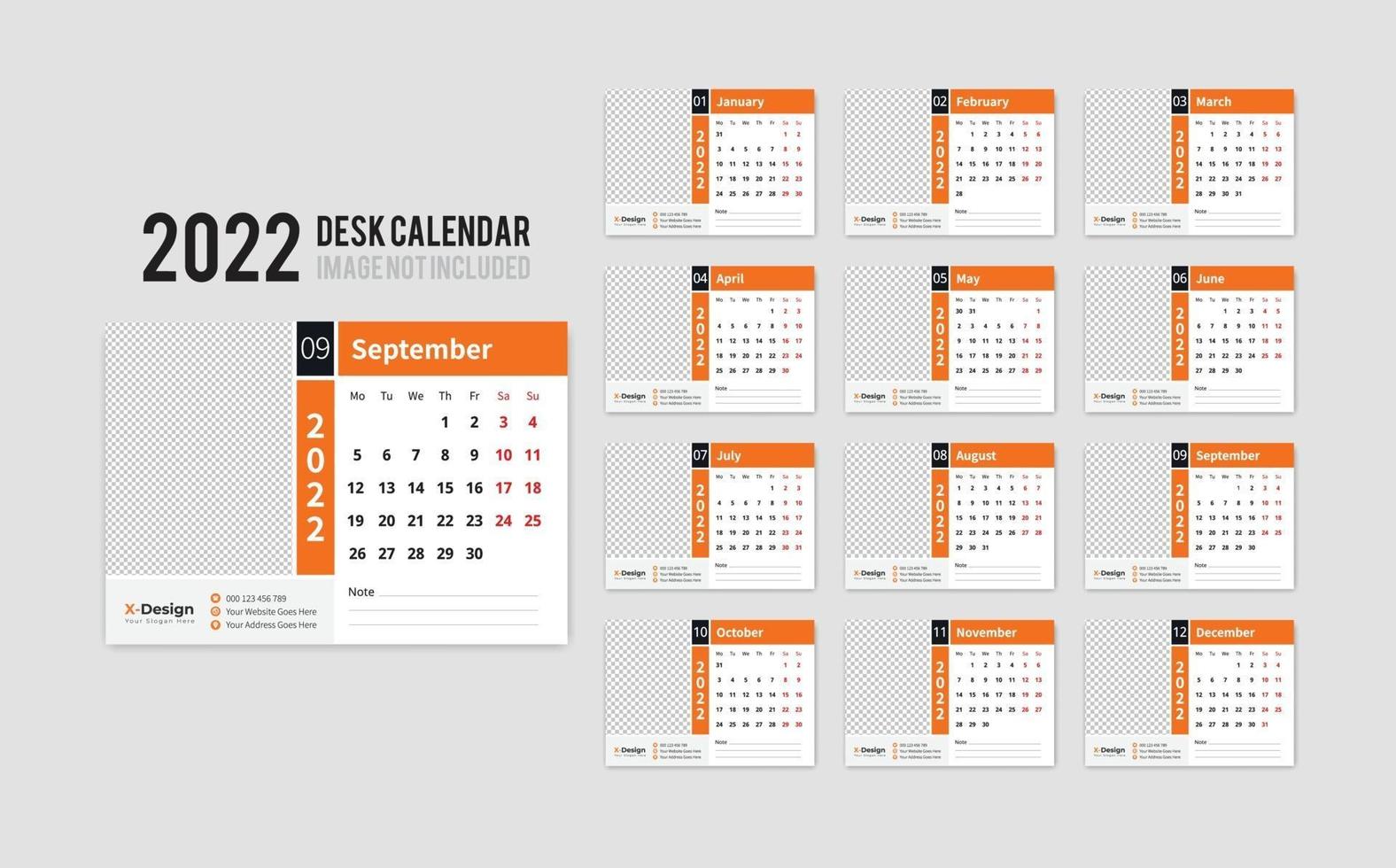 modèle de calendrier de bureau prêt à imprimer pour l'année 2022, calendrier de bureau mensuel de bureau 2022 la semaine commence le lundi, planificateur annuel vecteur