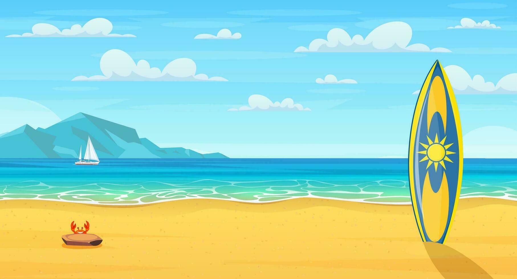 le surf planche sur une sablonneux plage. dessin animé été plage. paradis la nature vacances, océan ou mer rivage. mer plage paysage. panorama. vecteur illustration dans plat style