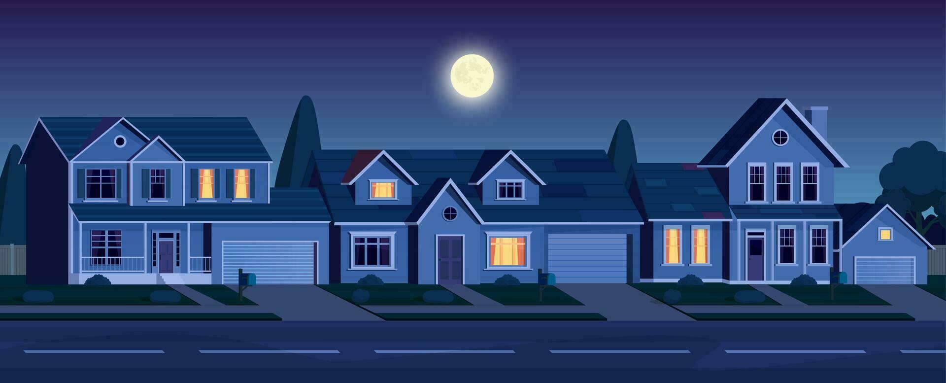 Urbain ou de banlieue quartier à nuit avec réel biens propriété, Maisons avec lumières. dessin animé paysage avec de banlieue chalets, lune et étoiles dans foncé ciel. vecteur illustration dans une plat style