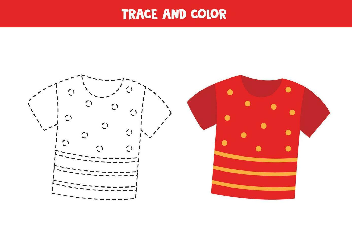 trace et Couleur dessin animé rouge t chemise. feuille de travail pour les enfants. vecteur