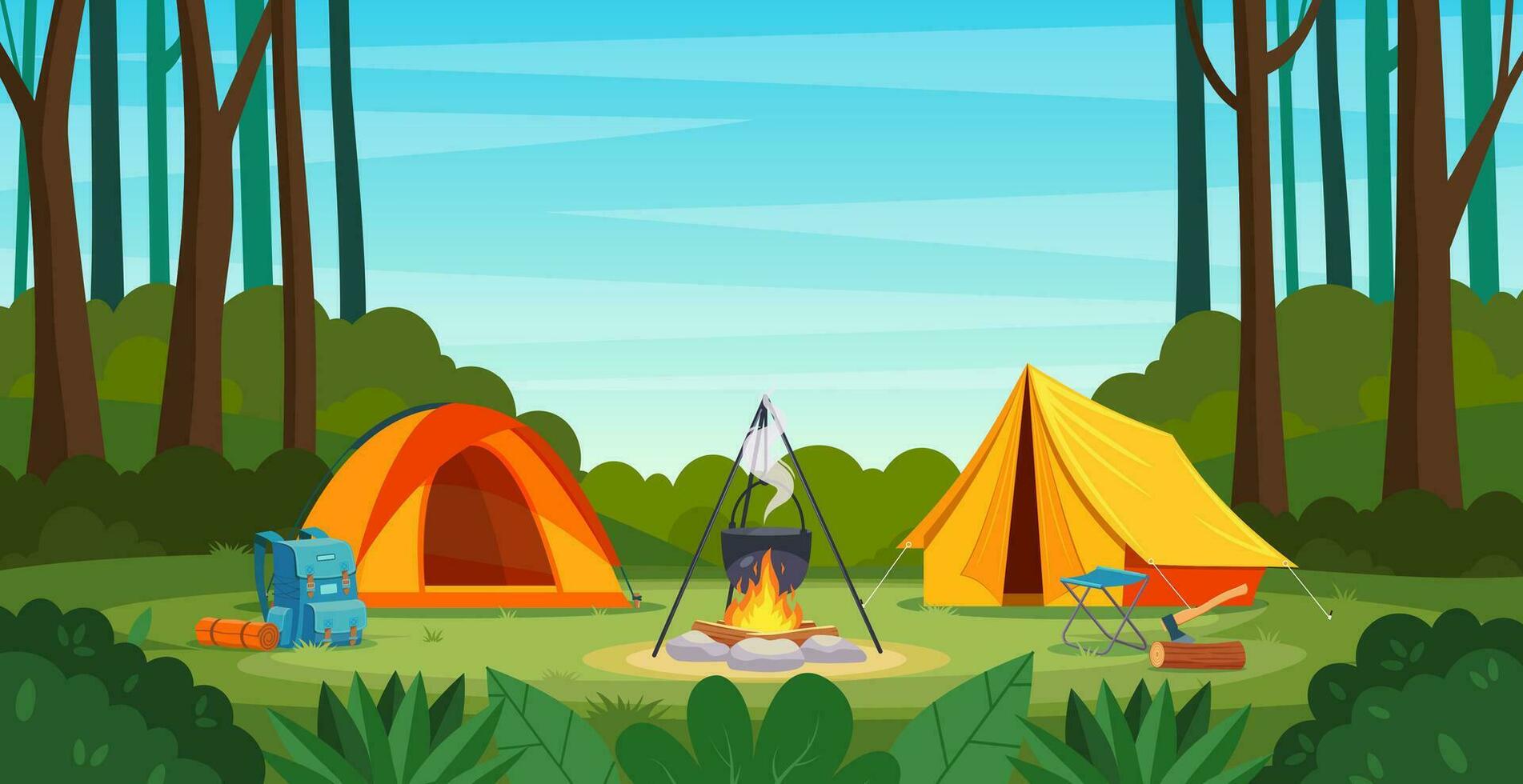 été camp dans forêt avec feu, tente, sac à dos. dessin animé paysage , forêt et site de camp. équipement pour Voyage. vecteur illustration dans plat style