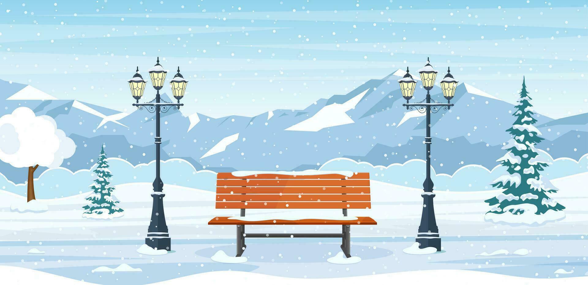 dessin animé hiver ville parc avec en bois banc, lanternes et Montagne. Noël paysage Contexte avec neige et arbre. vecteur illustration dans plat style