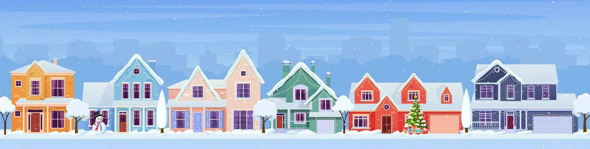 Résidentiel Maisons avec Noël décoration à journée. dessin animé hiver paysage rue avec neige sur toits et vacances guirlandes, Noël arbre, bonhomme de neige. vecteur illustration