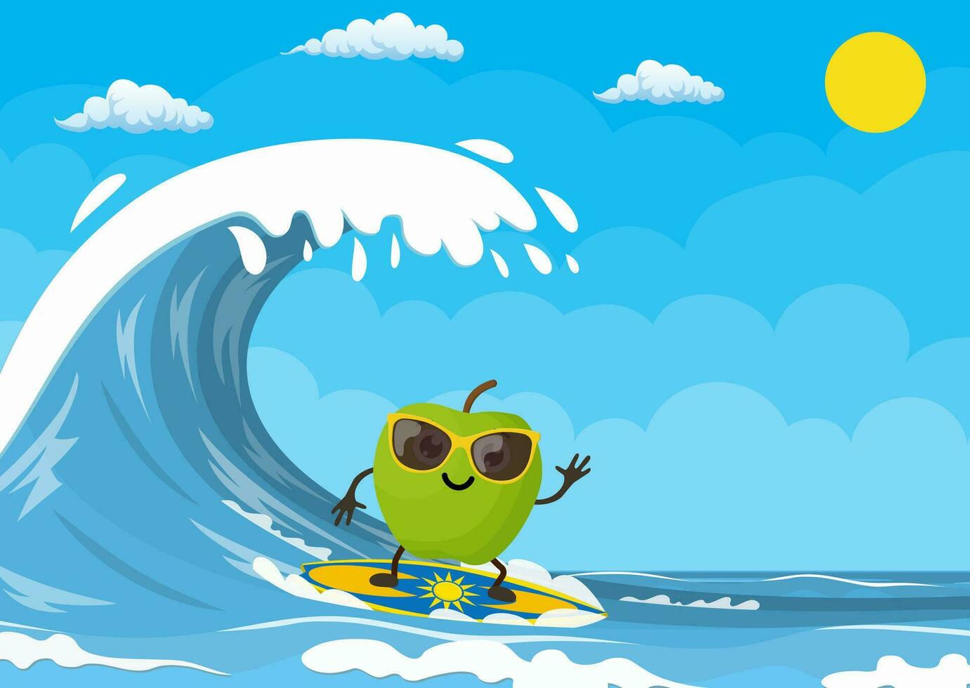 Pomme personnages surfant sur vague. vacances sur le mer. plage activités. été temps. vecteur illustration dans plat style
