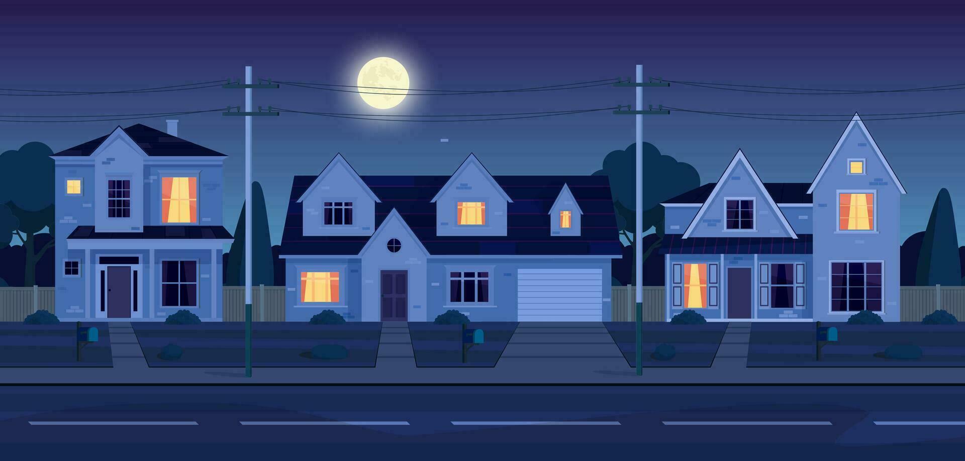 Urbain ou de banlieue quartier à nuit avec réel biens propriété, Maisons avec lumières. dessin animé paysage avec de banlieue chalets, lune et étoiles dans foncé ciel. vecteur illustration dans une plat style