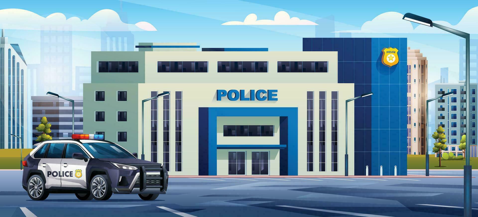 police station bâtiment avec patrouille voiture et ville paysage. police département Bureau sur paysage urbain Contexte vecteur dessin animé illustration