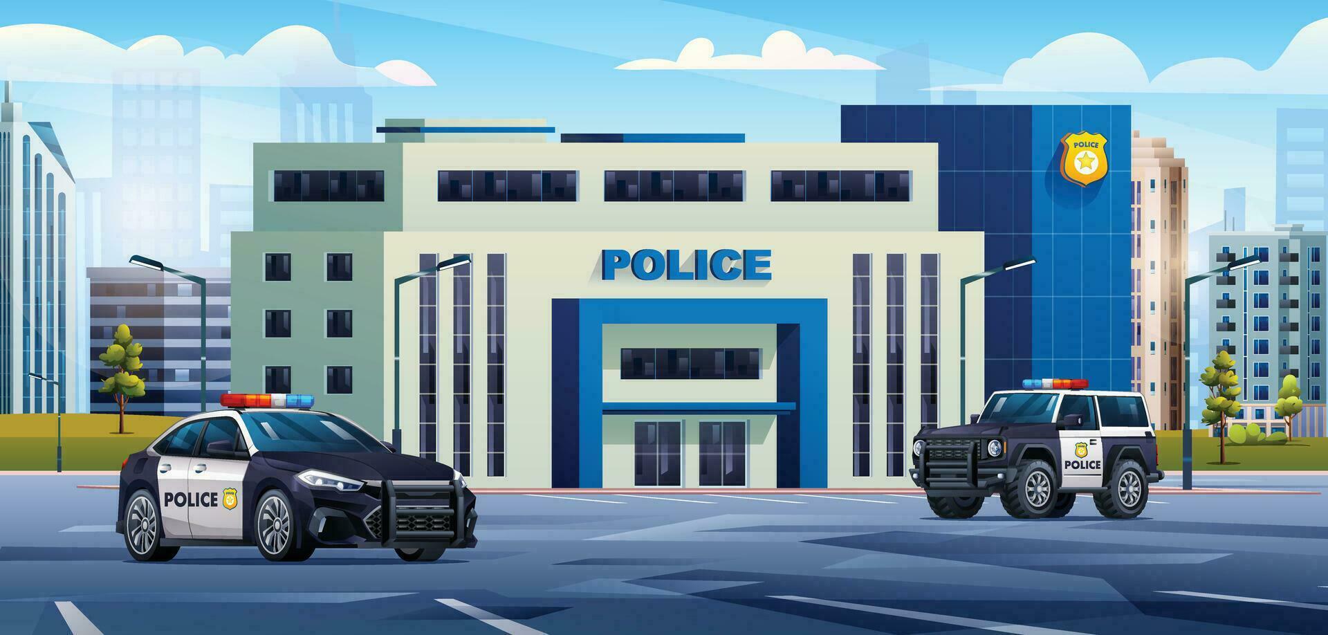 police station bâtiment avec patrouille voitures sur paysage urbain Contexte. police département bureau. ville paysage dessin animé illustration vecteur