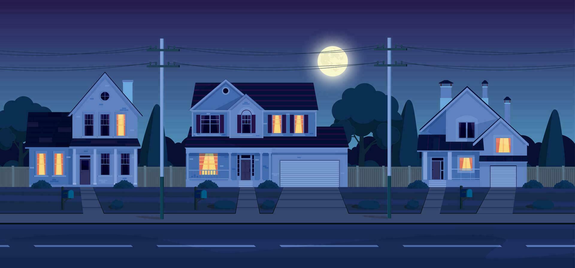 Urbain ou de banlieue quartier à nuit avec réel biens propriété, Maisons avec lumières. dessin animé paysage avec de banlieue chalets, lune et étoiles dans foncé ciel. vecteur illustration dans une plat style