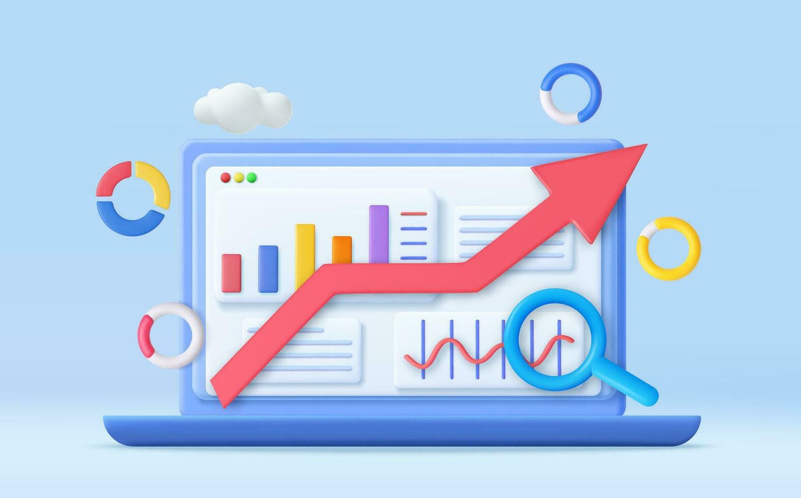 3d financier rapport graphique, seo optimisation, la toile analytique et seo commercialisation concept. affaires stratégie. atterrissage page modèle. 3d le rendu. vecteur illustration