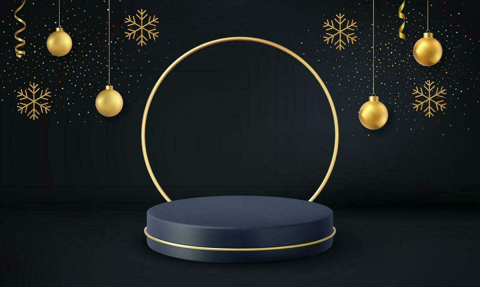 3d noir podium pour Noël afficher sur noir Contexte. réaliste noir piédestal sur Noël Contexte. vecteur