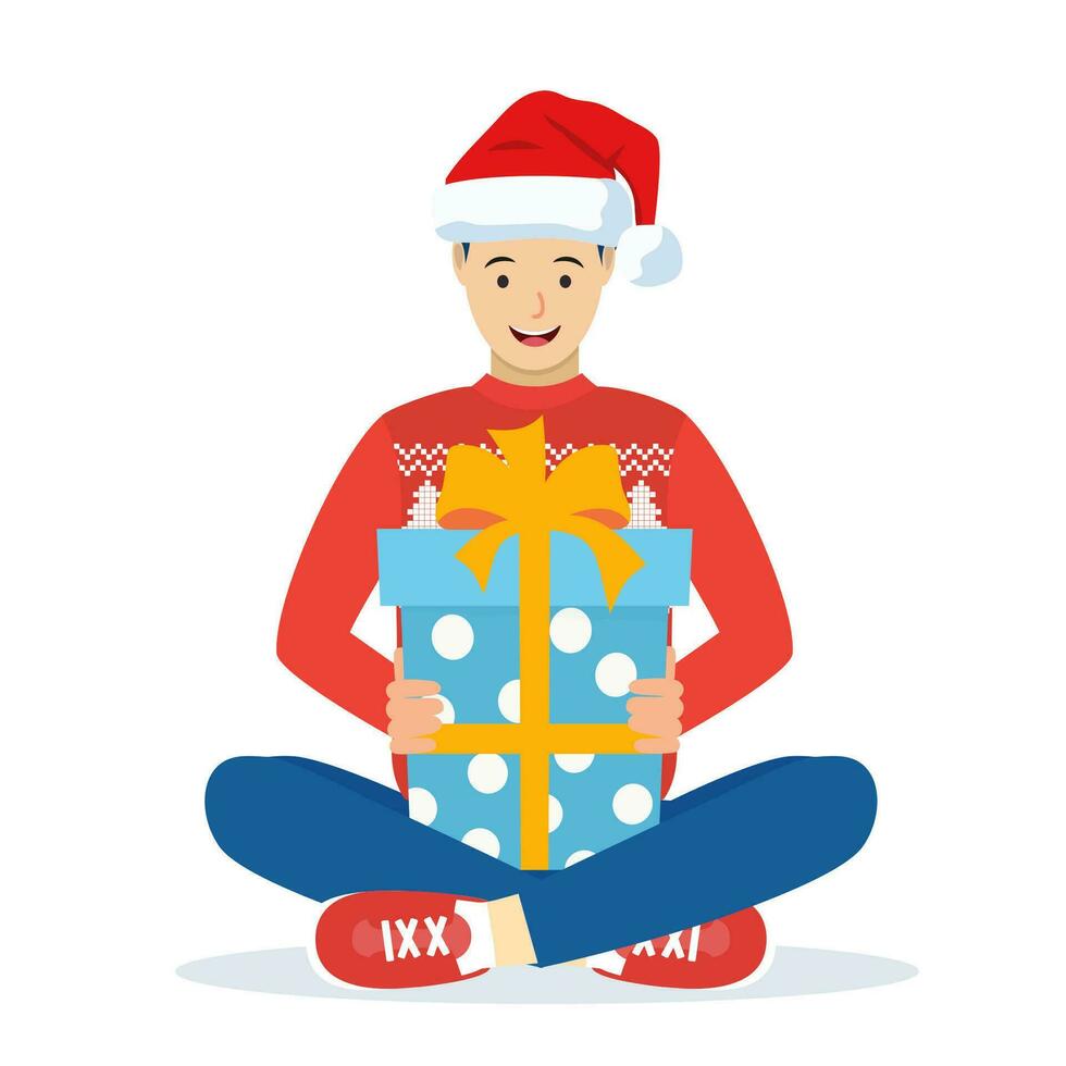 homme séance lotus pose en portant cadeau boîte. traverser pattes Masculin personnage avec Noël cadeau. content Nouveau année décoration. Nouveau année et Noël fête. vecteur illustration dans plat style