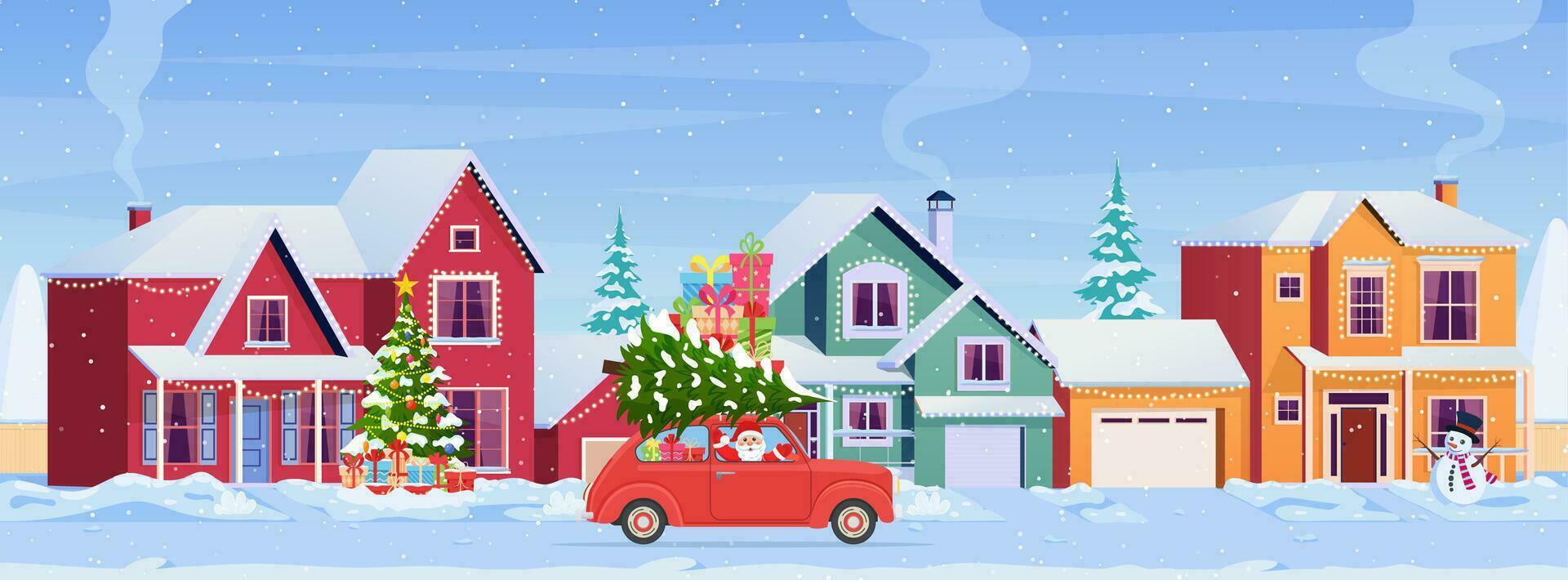 Résidentiel Maisons avec Noël décoration à journée. Noël paysage carte conception de rétro voiture avec boite cadeau et Noël arbre sur le Haut. vecteur illustration