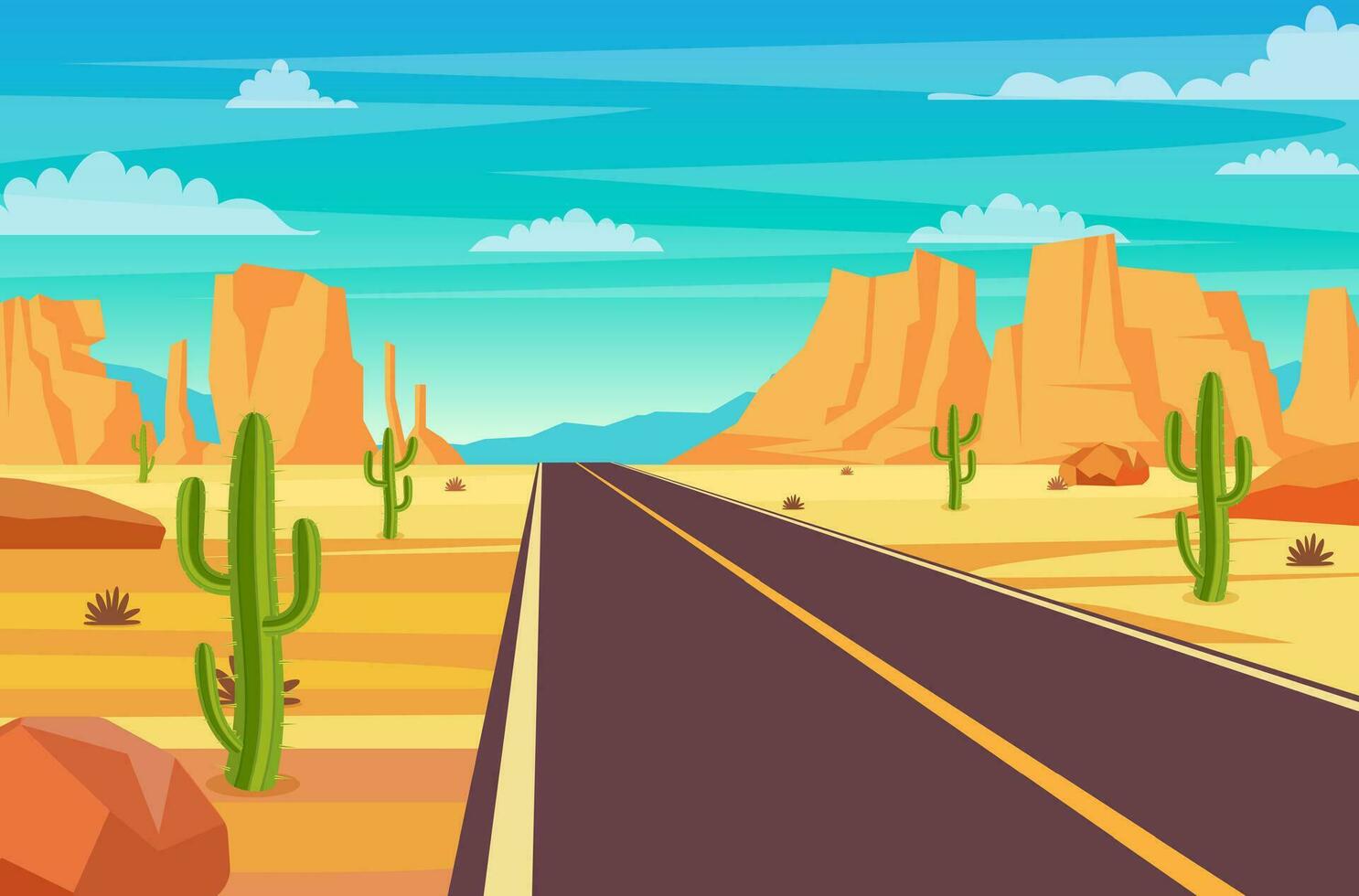 vide Autoroute route dans désert. sablonneux désert paysage avec route, rochers et cactus. été occidental américain paysage. Autoroute dans Arizona ou Mexique chaud sable. vecteur illustration dans plat style