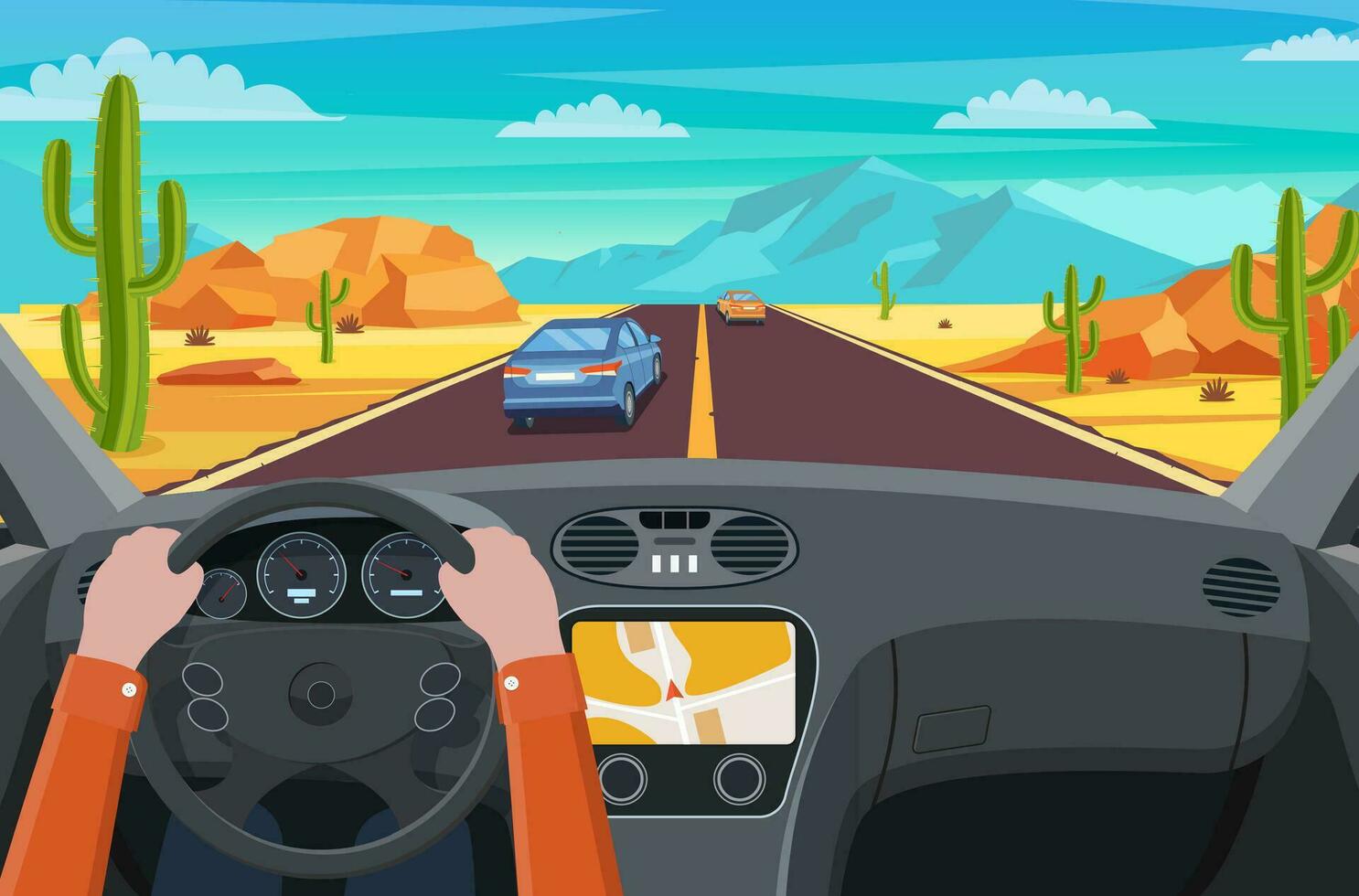 vue de le route de le voiture intérieur. Autoroute route dans désert. sablonneux désert paysage avec route, rochers et cactus. Autoroute dans Arizona ou Mexique chaud sable. vecteur illustration dans plat style