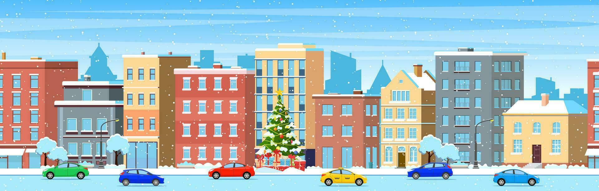 content Nouveau année et joyeux Noël hiver ville rue. Noël ville ville panorama. ville bâtiment Maisons hiver rue paysage urbain Contexte. vecteur illustration dans plat style