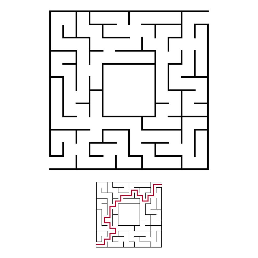 labyrinthe carré noir avec entrée et sortie. un jeu intéressant et utile pour les enfants. illustration vectorielle plane simple isolée sur fond blanc. avec une place pour vos dessins. avec la réponse. vecteur