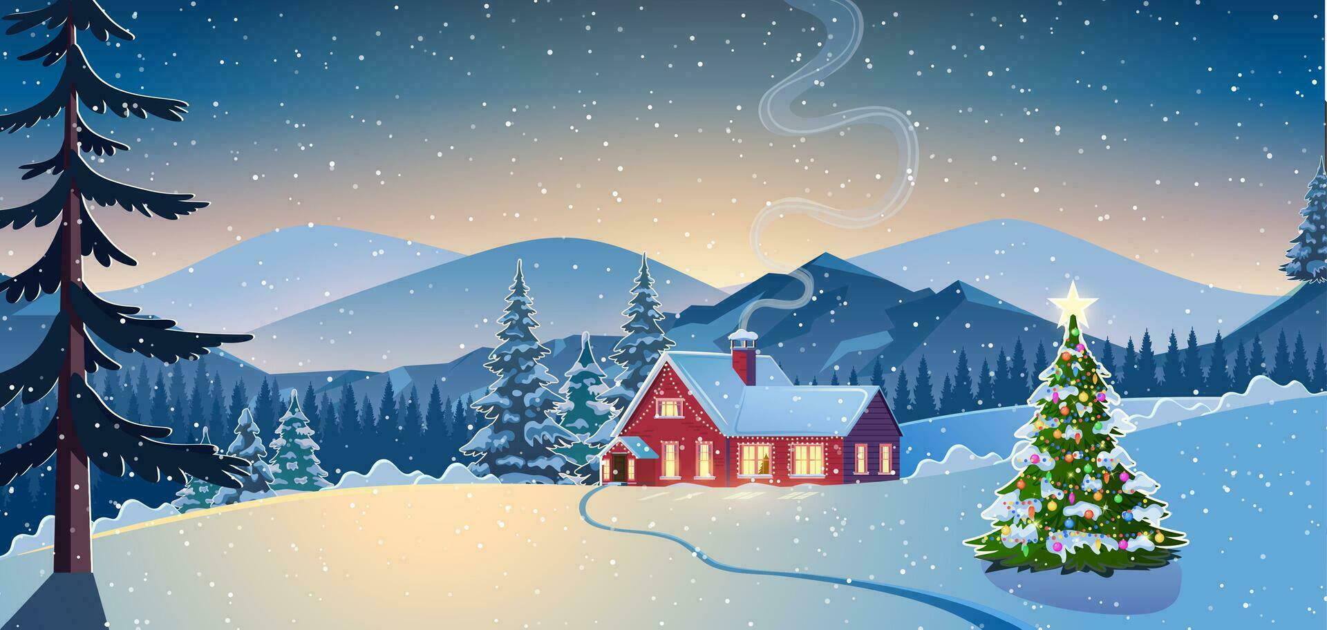une maison dans une neigeux Noël paysage à nuit. Noël arbre. concept pour salutation ou postal carte. hiver neige paysage et Maisons avec flocons de neige chute de ciel. vecteur illustration.