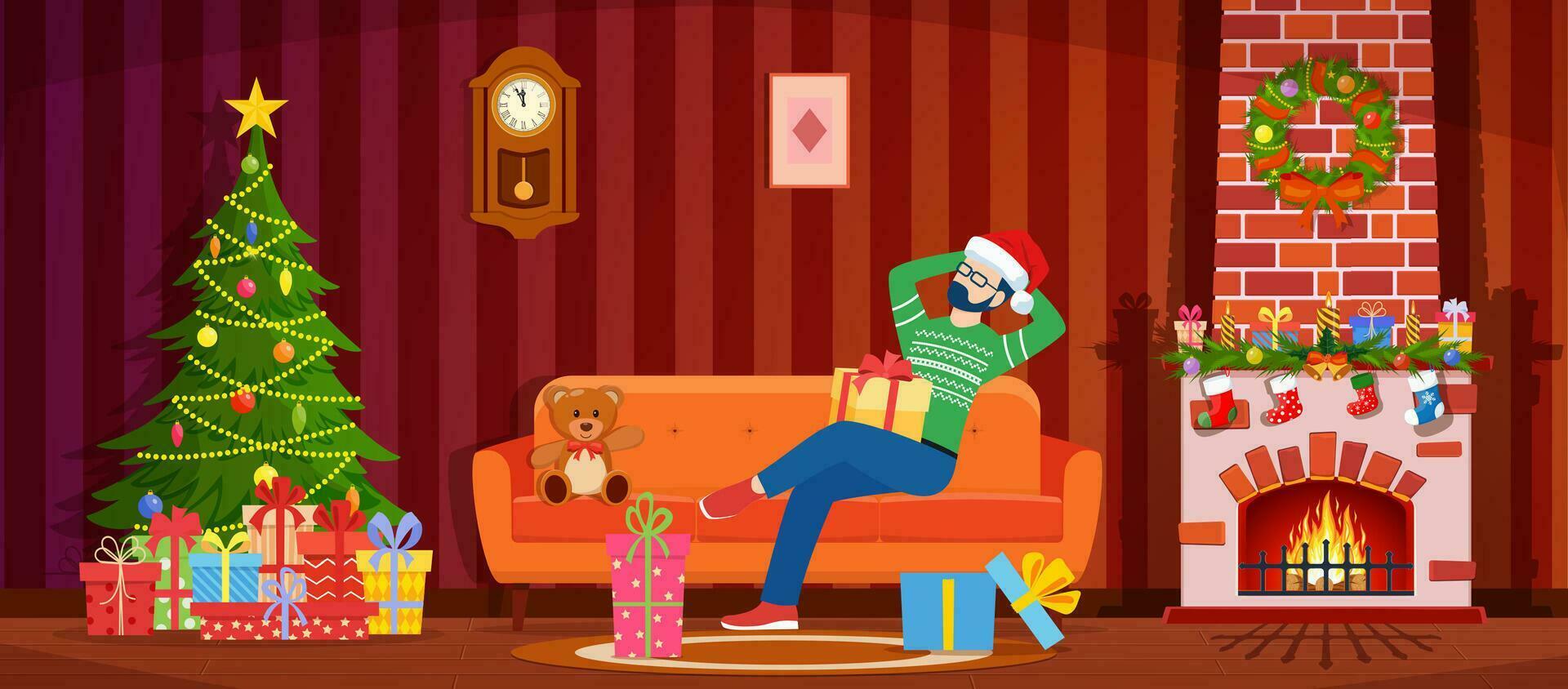 dessin animé confortable intérieur de vivant pièce avec homme sur canapé, cheminée, Noël arbre. content Nouveau année décoration. joyeux Noël vacances. Nouveau année et Noël célébration.vecteur illustration dans plat style vecteur