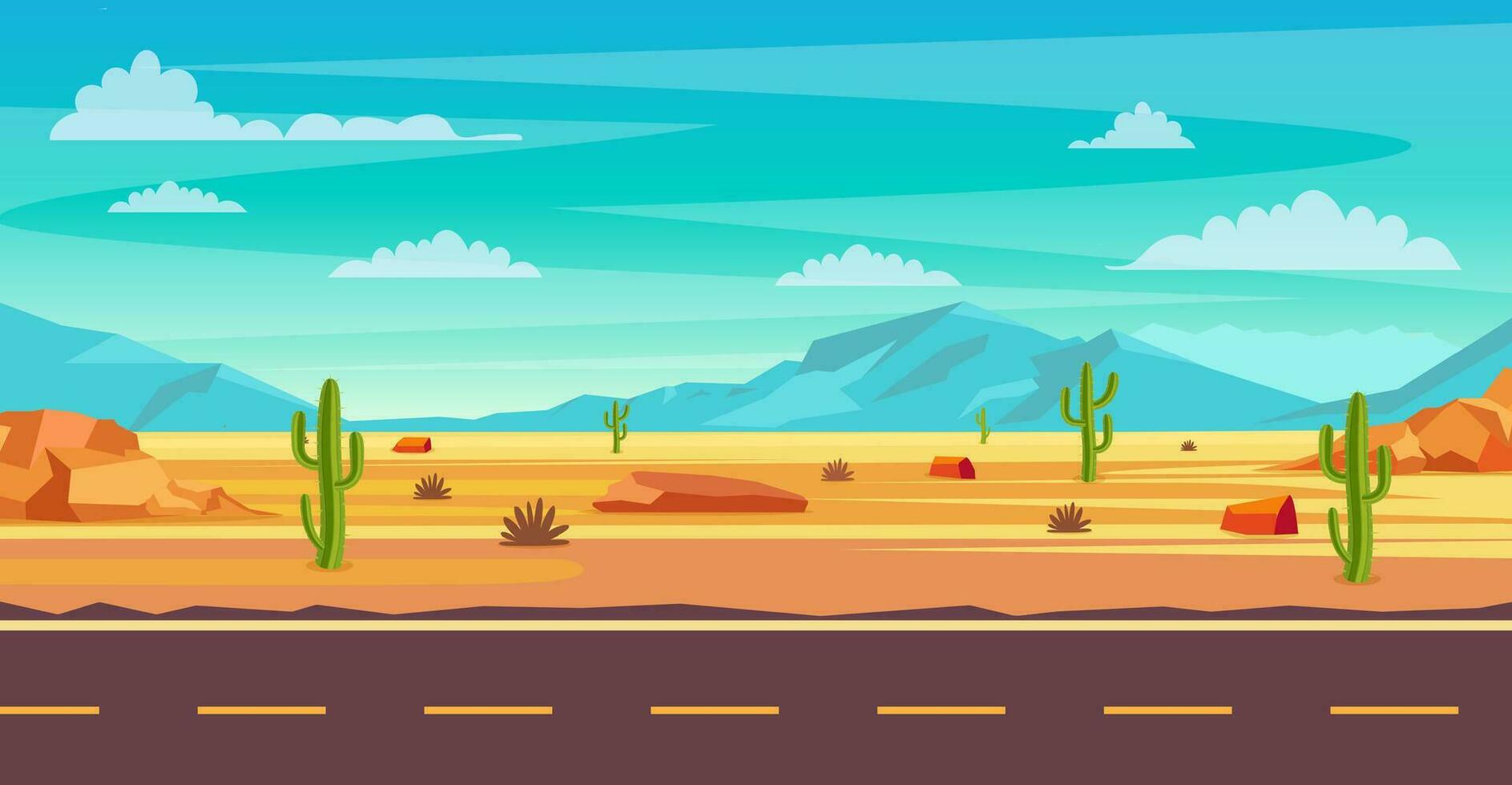 désert paysage. cactus plantes, route et rochers sur le sables. Naturel Contexte. paysage Arizona ou Mexique chaud sable. dessin animé sauvage Ouest Texas. vecteur illustration dans plat style