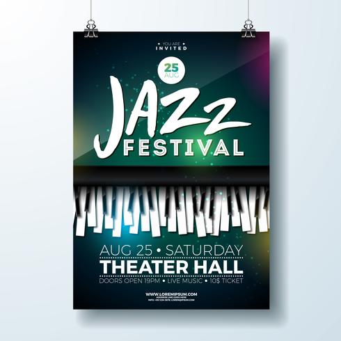 Conception de flyer festival de musique jazz avec clavier de piano sur fond sombre. Modèle d&#39;illustration de fête de vecteur pour poste d&#39;invitation