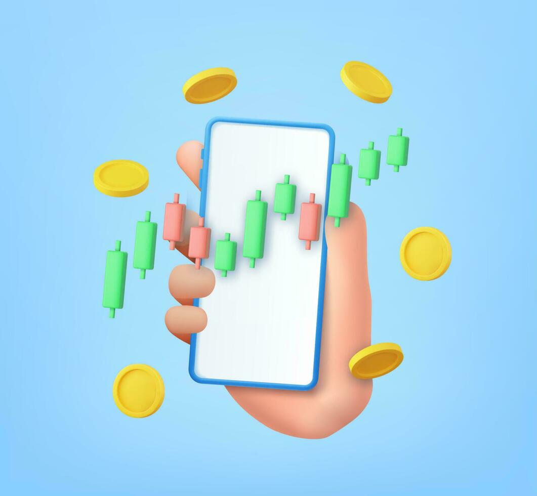 3d Stock en ligne commerce avec téléphone intelligent et argent pièce de monnaie. investissement commerce dans le Stock marché, investissement graphique en utilisant financement affaires sur mobile dans main. 3d le rendu. vecteur illustration