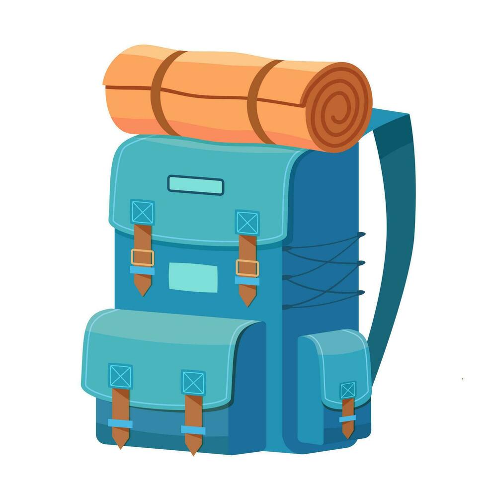 dessin animé camping sac à dos avec rouleau tapis Voyage et tourisme icône isolé sur blanc Contexte. tenue de voyageur. randonnée Voyage. vecteur illustration dans plat style