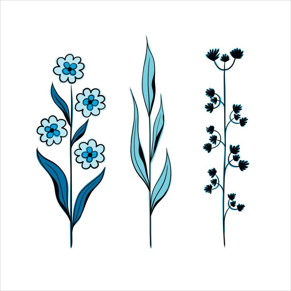 vecteur ensemble de longue fleurs, bleu fleurs et brindilles avec feuilles, lames de herbe, herbes. botanique illustration avec dessiné à la main style.