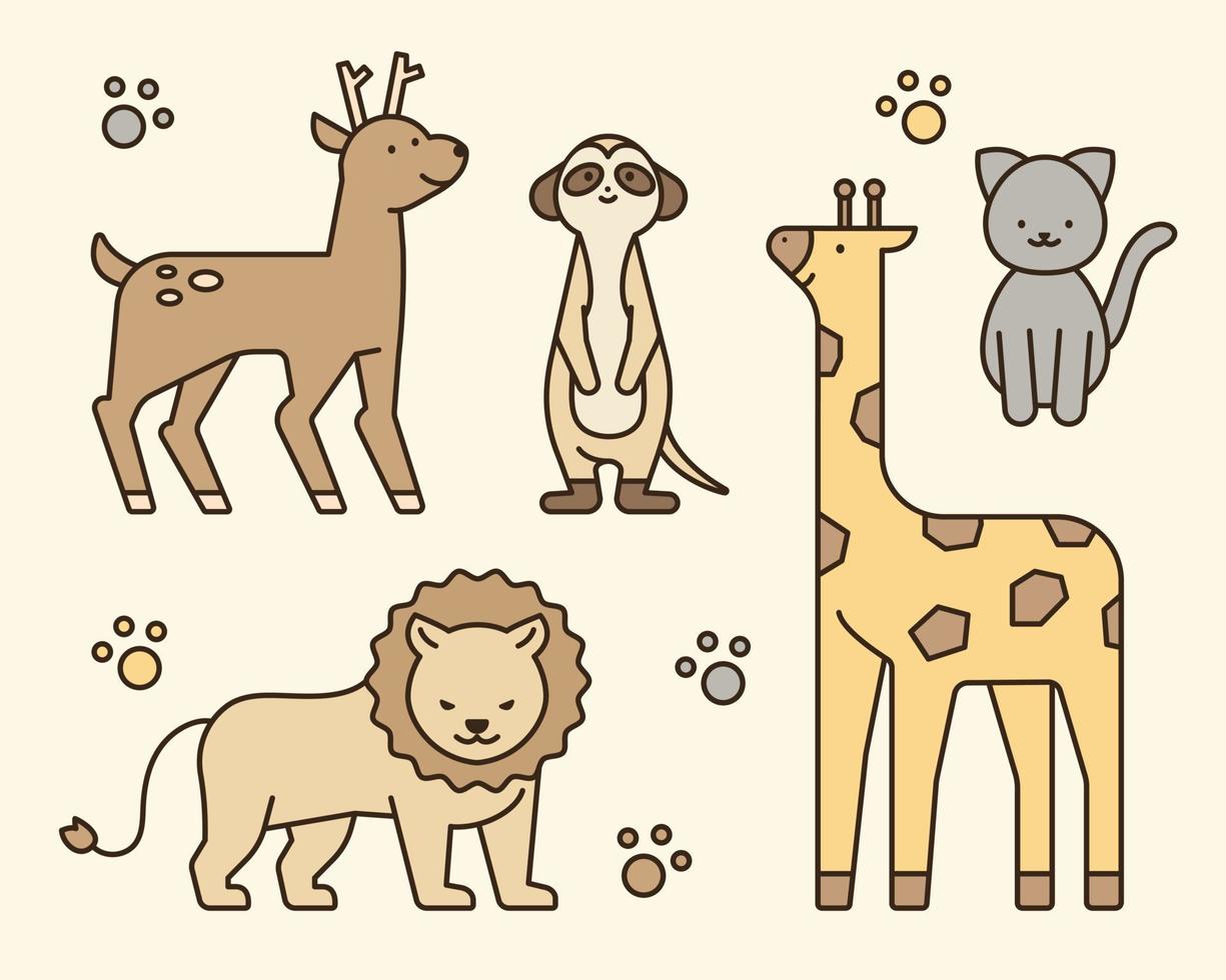 personnage animal mignon. cerf, suricate, girafe, lion, chat. vecteur