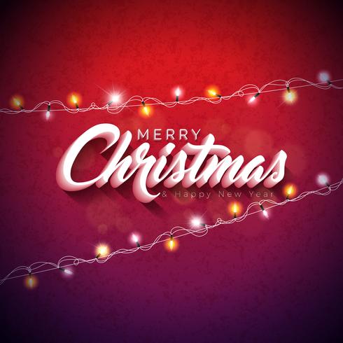 Illustration de vecteur joyeux Noël avec la conception de typographie 3d et guirlande lumineuse de vacances sur fond rouge brillant. Bonne année Design.