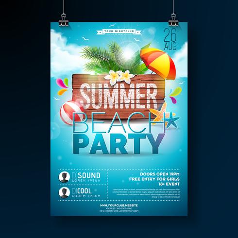 Vector Summer Beach Party Flyer Design avec des éléments typographiques sur fond de texture bois. Éléments floraux de la nature estivale