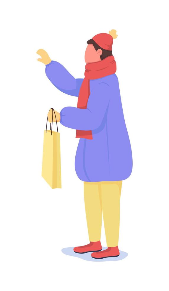 homme avec sac à provisions caractère vectoriel de couleur semi-plat. personnage posant. personne de tout le corps sur blanc. vente saisonnière d'hiver isolé illustration de style dessin animé moderne pour la conception graphique et l'animation