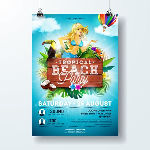 Vector Summer Beach Party Flyer Design avec des éléments typographiques et sexy jeune fille