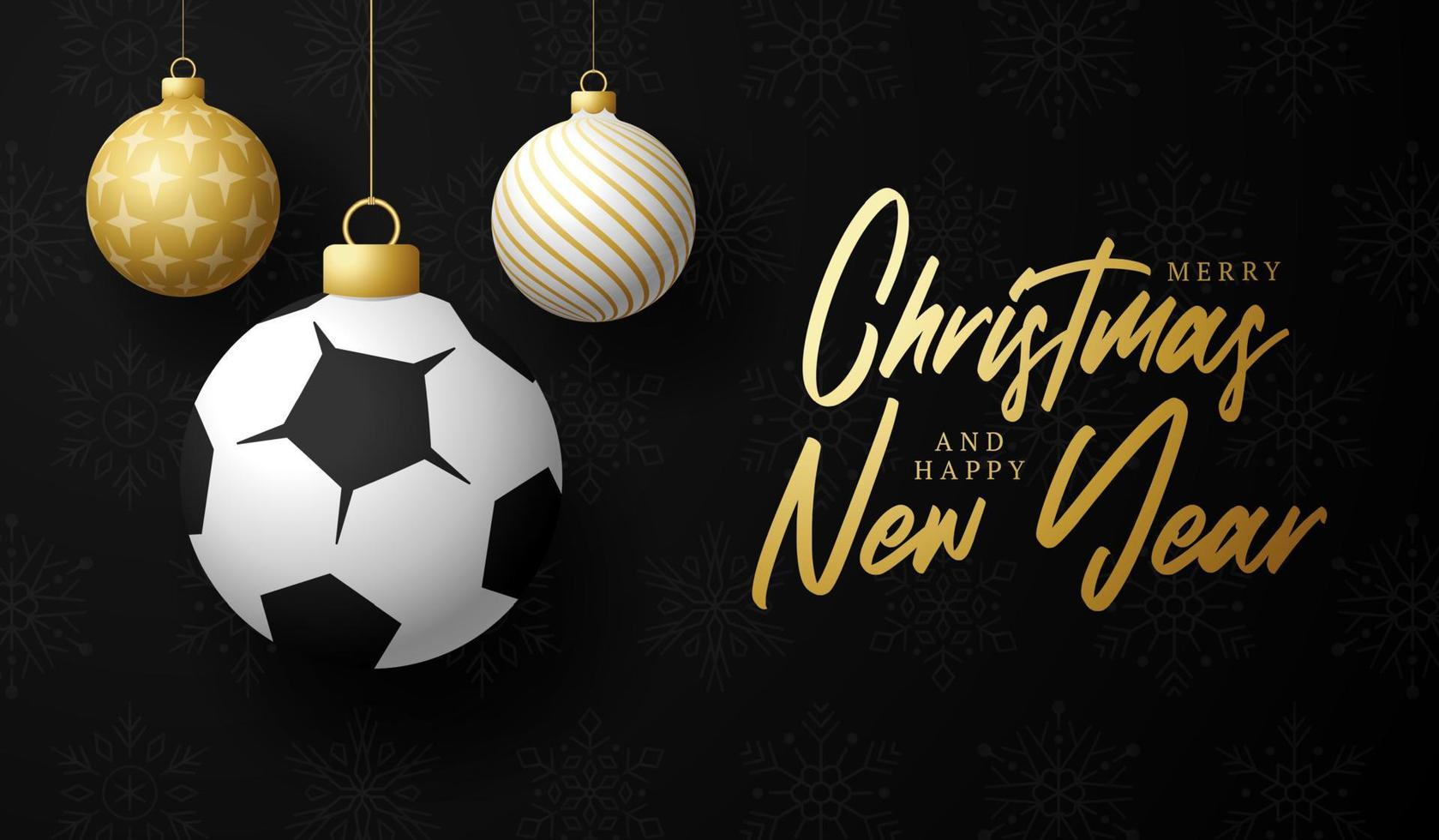football joyeux noël et bonne année carte de voeux de sport de luxe. ballon de football comme boule de Noël sur fond. illustration vectorielle. vecteur