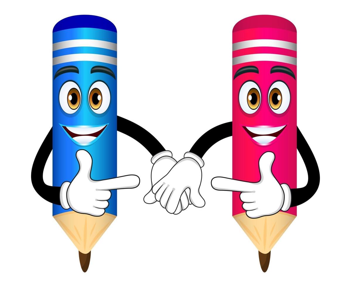 personnages de crayon de mascotte se tenant ensemble et se tenant la main et pointant l'amitié vecteur