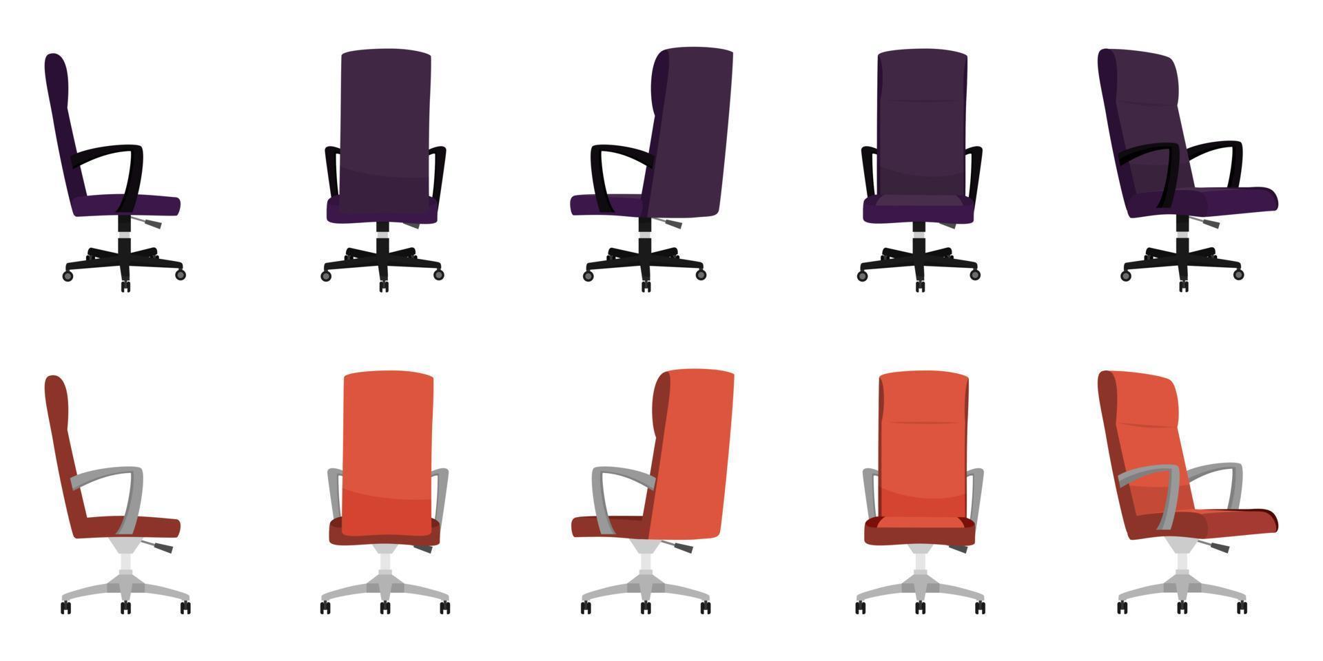 jolies chaises de bureau modernes et belles avec différentes poses et différentes couleurs isolées vecteur